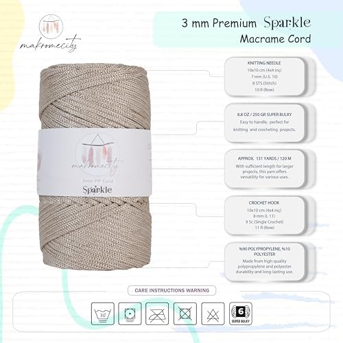 Makromecity Sparkle 2 Skeins of Polypropylene Macrame Cord 3mm x 131 Yards (394 feet) Premium Polyester Macrame Cord for Macrame Art & Crafts for Wall Hangings, Bags, Underplate, Rug
