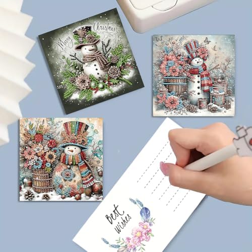 6 Pack 5D DIY Diamond Painting Christmas Snowman Greeting Card Kit, Diamond Art Birthday Holiday Greeting Card, Art Crafts Kit Creative with Envelope