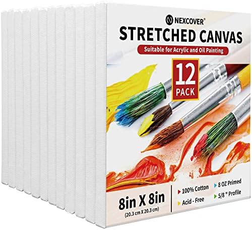 NEXCOVER Stretched Canvas - 12 Pack 8x8 Inch, 5/8" Profile Thick Pinewood Frame, Blank White Painting Canvas for Acrylic Oil Tempera Gouache Paint, for Beginners Kids Students Artists DIY Craft/Decor