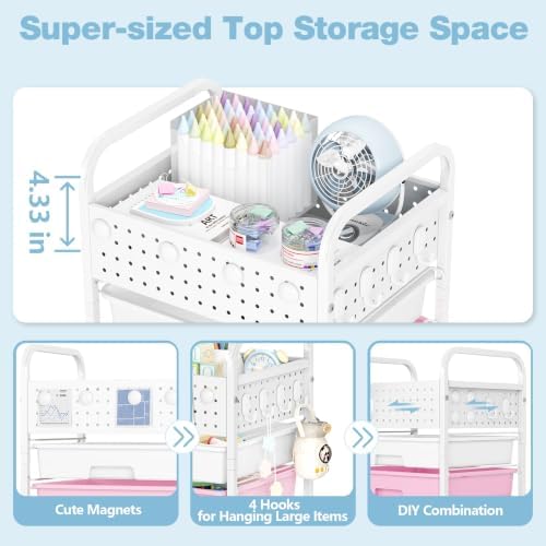 4 Drawer Rolling Storage Cart with Pegboard Top and Hooks, Pink&Blue