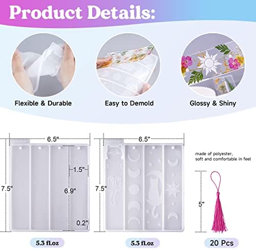 LET'S RESIN Bookmark Resin Molds Silicone 1.5'' Wide, Blank and Cat Moon Pattern Silicone Bookmarks Molds Kit with 20pcs Tassels, Rectangle Bookmark Molds for Epoxy Resin Casting Crafts