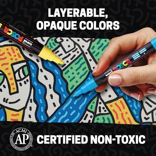 Uni Posca Paint Markers, 5M Medium Acrylic Markers with Reversible Tips, Artist Recommended For Gifts, Decorations, Fabric, Metal, Glass, Wood and Canvas, Assorted Colors, Set of 29