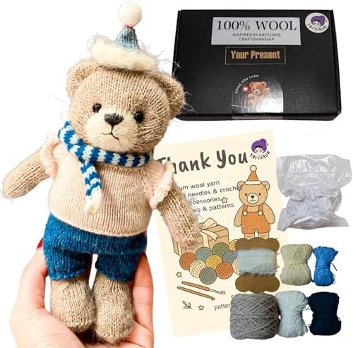 Yarnique Wool Bear Knitting Kit – Real Wool Amigurumi Kit for Adults with Video Tutorials | DIY amigurumi Crochet & Knitting Kit with Tools | Holiday Gift Craft Set (White Sweater)