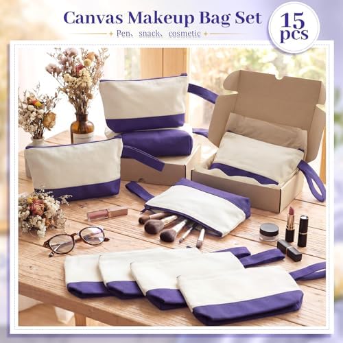 Silkfly 15 Pcs Cotton Canvas Makeup Bags Cosmetic Zipper Bags 10.2 x 5.5 x 2'' Blank DIY Pouch Bulk Pencil Case with Bottom Travel Toiletry Pouch for Women Craft Decor Gift (Beige and Purple)