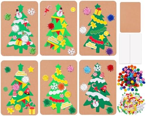 Whaline 420 Pcs Christmas Card Making Craft Kit with Xmas Tree Pom Pom Stickers & Envelopes Handmade Invitation Greeting Card Supplies for Holiday DIY Crafts Party Decor