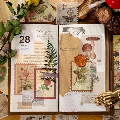 60pcs Vintage Postage Stamp Stickers, Aesthetic Botanical Deco Paper Sticker for Scrapbooking, Journaling Supplies, Planners, Kid DIY Art Crafts, Bullet Journal Ephemera