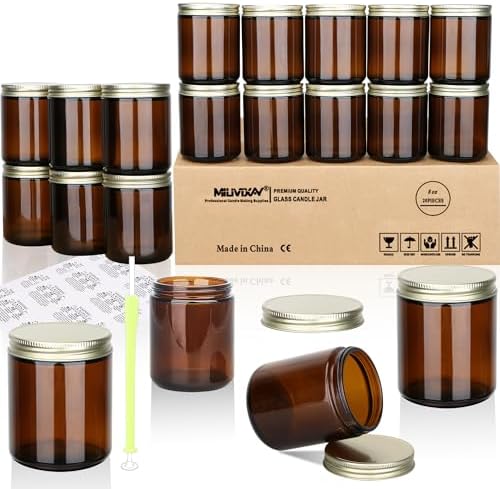 MILIVIXAY 20 Pack 8 OZ Thick Glass Dark Amber Candle Jars with Golden Lids-Bulk Empty Candle Jars for Making Candles-Canning Jar for Spice, Liquid, Sample- Dishwasher Safe.