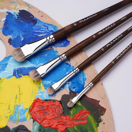 Fuumuui Professional Paint Brush Set, 4Pcs Natural Badger Hair with Filbert Shape Blending Mop Oil Paint Brushes for Acrylic Painting Oil and Gouache