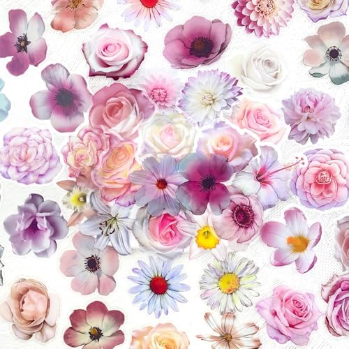50PCS Pink Flower Stickers – Aesthetic Clear Waterproof Floral Stickers for Scrapbooking, Journaling, Planners, Crafts, Card Making, Art Projects