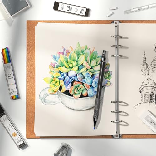 Four Candies Metal Mechanical Pencil Set, 4PCS 0.3, 0.5, 0.7, 0.9MM Mechanical Pencils & 2MM Drawing Pencil with 9 Tubes Lead Refills (4B 2B HB 2H Color) for Student Writing Artist Sketching - Black