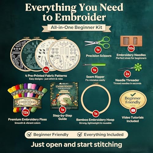 Moni Crafts - Embroidery Kit for Beginners Adults – Learn Embroidery Stitches, Complete Starter Kit with 4 Pre-Printed Patterns (Mushroom & Floral), Threads, Needles & Hoop – Video Tutorials