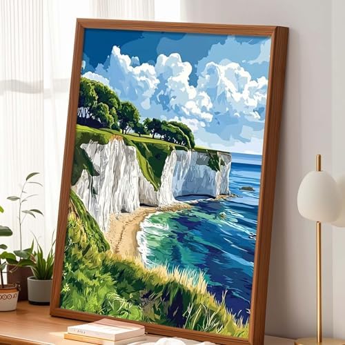 Alptiny Coastal Landscape Paint by Numbers Kit for Adults Beginner, Cliffside Beach Paint by Number Kits, DIY Seaside Oil Painting Kit for Relaxation & Home Decor, 16x20 Inch
