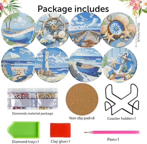 8 Pack Beach Diamond Art Coasters,Seaside Diamond Painting Coasters Kits