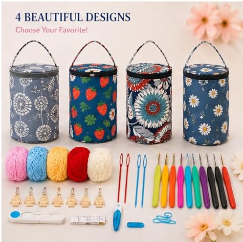 Crochet Kit Set with Portable Travel Bag, 9 Ergonomic Soft Handle Hooks (2.0-6.0mm), 5 Yarn Balls, Stitch Markers, for Beginners (Grey)