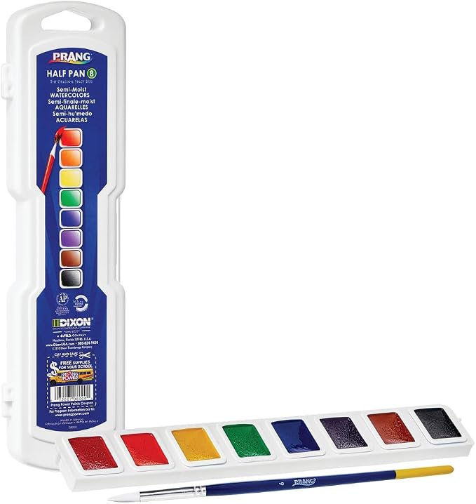 Prang Semi-Moist Watercolors 8-Color Half Pan Paint Set, Pack of 1 | Refillable, Size 6 Paint Brush Included