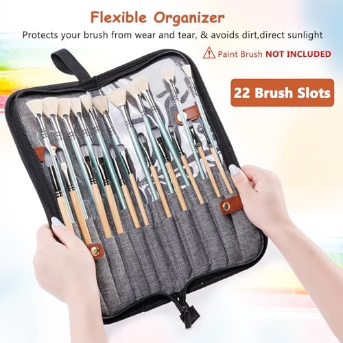 Paint Brush Holder Case for Artists with 22 Slots, Brush Organizer with Pop-Up Stand, Travel Paintbrush Storage Bag for Acrylic Oil Watercolor, Zippered Art Brush Cover (Brushes Not Included)