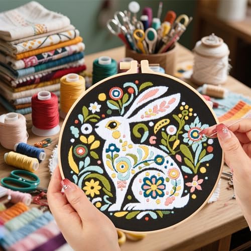 Crafmanoe Embroidery Kits for Beginners Adults, Flowers Rabbit Embroidery Starter Kits, Counted Cross Stitch Kits for Beginners Adults Hobbies Set for Women, Embroidery Hoops, Thread & Video Tutorial