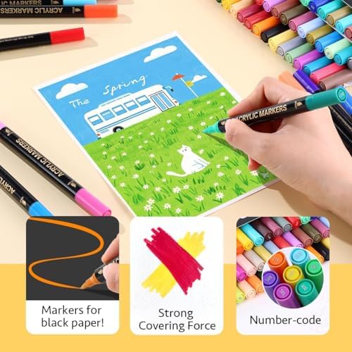 WINSONS 72 Colors Acrylic Paint Marker, Dual Tip and Dual Colors Acrylic Paint Pens for Stone, Wood, Canvas, Ceramic, Metal, Glass, Rock Painting, DIY Crafs Art Supplies (72 Colors)