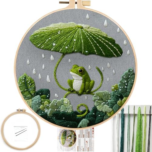 FONNUY Embroidery Kit for Beginners - Frog Under Lotus Leaf DIY Cross Stitch Set, Pre-Printed Fabric with 8’’ Hoop, Cute Rainy Day Art Craft for Adults, Home Decor & Handmade Gift (Green 03)