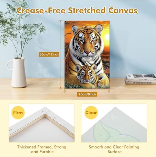 Bowetile Framed Paint by Numbers Tiger for Adults Beginners, Adults' Paint-by-Number Tiger Kits, Easy Adult Paint by Number Kits on Canvas, Acrylic Animals Number Painting for Home Decor, 8x12in