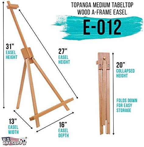 U.S. Art Supply 31" High Wood Studio Tabletop Easel - Adjustable | Artist Tripod, Holds Up to 27" Canvas, Folding A-Frame Artist Display Stand - Table Top Easel for Painting