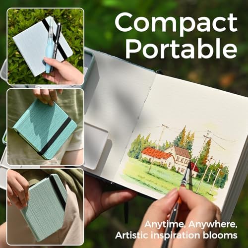Funto Watercolor Journal, 4.7x4.7, 24 Sheets 100% Cotton Cold Press Paper 300gsm/140lb, Acid-Free Travel Sketchbook for Artists & Adults (Deep Green)