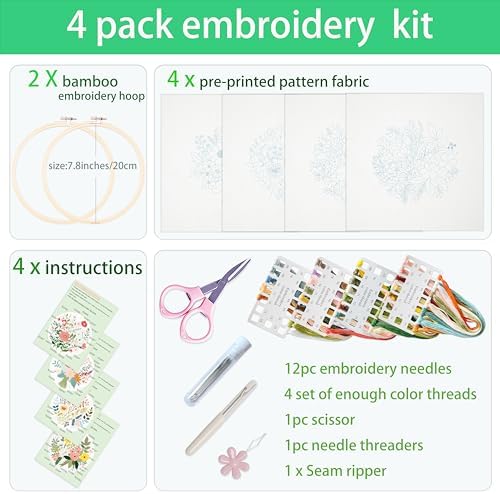 SevFan 4 Sets Embroidery Kit for Beginners Adults,Needlepoint Kits for Adults with Easy Stamped Floral Pattern Fabric Hand Crafts,Bamboo Hoop,Needle,Cloth,Embroidery Kit for Decor Home Room(Flower-8)