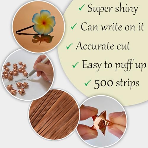 500-Strips Rose Gold Foil Paper Strips for Making Origami Stars, Lucky Stars, Puff Stars. Reflective Mirror Shiny Paper Strips, 0.5 x 11 inch. (Rose Gold Foil, 500)
