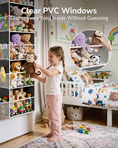 ULG Stuffed Animal Organizer Over the Door, Large Hanging Plush Toy Storage with Mesh Window, Cotton Kids Toy Organizer for Bedroom, Nursery, Playroom & Baby Items Dark Grey