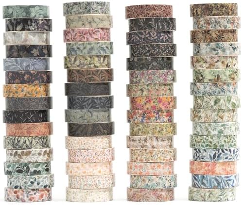 Flowers Washi Tape Set 60 Rolls Leaves Patterns Decorative Skinny Fall Masking Tapes for Arts, DIY Crafts, Journals, Planners, Scrapbook, Wrapping (Autumn)