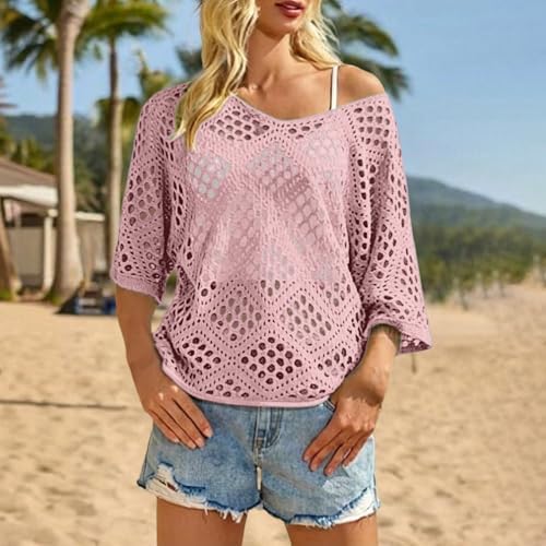 Bohemian Crochet Tops for Women 3/4 Sleeve V-Neck Open Knit Pullover Beach Cover Ups Hollow Out Boho Vacation Blouse