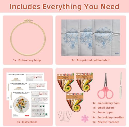 Herdiese Embroidery Kits for Beginners & Adults, 3 Sets Sunflower Patterns