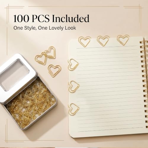 Cute Gold Heart Paper Clips 100 Pcs, Planner Bookmark Clips