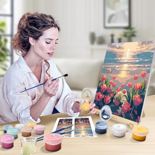 JOOZ Paint by Numbers Kit for Adults with Frame, Flowers Paint by Numbers for Adults, Seaside Sunset Paint by Number with Easel, DIY Tulip Oil Painting Kit for Home Wall Decor 8 x 12 Inch