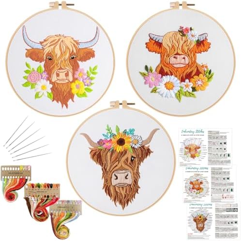 Louise Maelys 3 Set Highland Cow Embroidery Kit for Beginners Floral