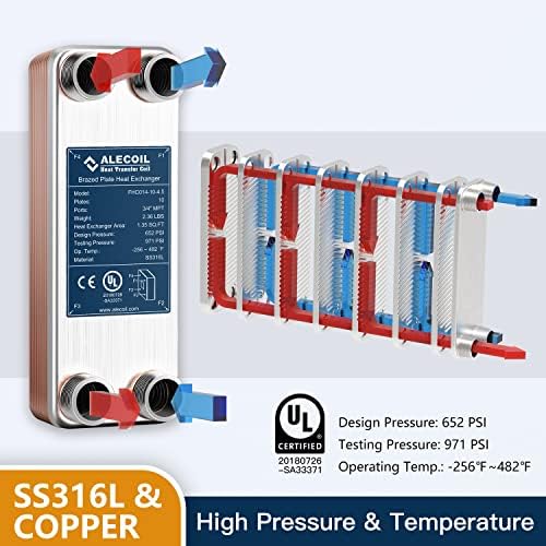 3"x8" 10 Plates Heat Exchanger with 3/4" MPT Port Water to Water 316L Stainless Steel Brazed Plate Heat Exchanger for Water Heating, Floor Heating, Commercial and Industrial Refrigeration