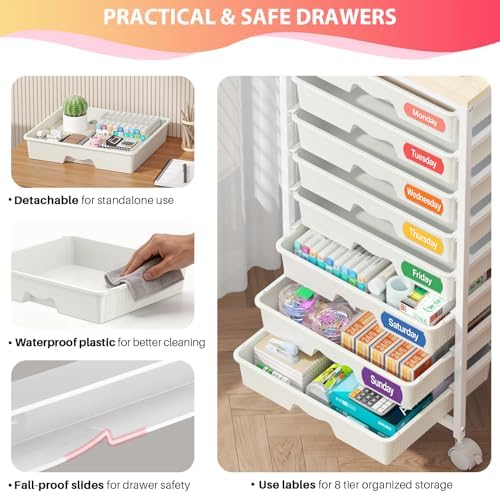Goovilla Rolling Cart with 8 Drawers for Art, Dorm, Office, Craft, White
