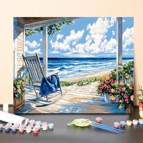 Beach Paint by Numbers Kit for Adults Beginner Landscape Oil Painting Kit Adult Paint by Number Kits on Canvas Ocean DIY Painting for Beginners Art by Numbers for Gifts Home Wall Decor 16x20 Inch