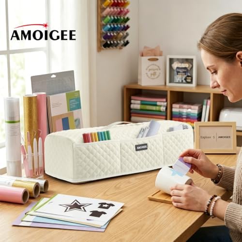 AMOIGEE Dust Cover for Latest Cutting Machine Cricutt Explore 5, Quilted Protective Cover with Storage Pockets for Cutting Machine, Floral Fabric Anti-Dust Cover for Craft Machine Organizer