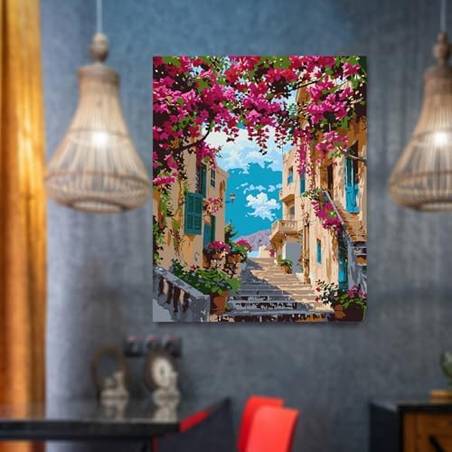 Lovepefe Landscape Paint By Numbers Kit for Adults Beginner Flowers Paint By Numbers Adult Seaside Town Color by Numbers DIY Canvas Oil Painting Adults Kits for Gift Home Wall Decor 16x20 Inch