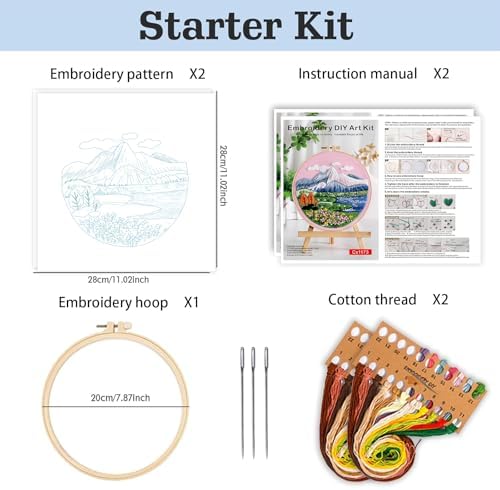 spicssa 2PCS Embroidery Kit for Beginners, Hand Needlepoint Kits for Adults with Pre-Stamped Patterns, 7.8-Inch Hoop, Threads & Needles, Step by Step Instructions