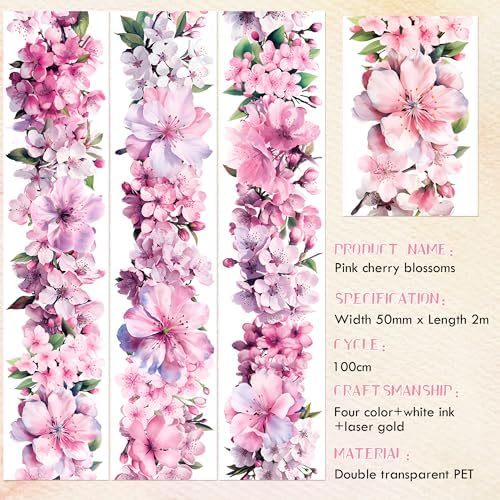 Sitsink PET Tape for Journal Scrapbooking - Pink Flower Cherry Junk Journal Tape for Scrapbooking Decor, Phone Case Notebook Card Crafts