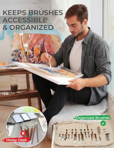 30-Slot Roll-Up Canvas Brush Holder, Washable Paint Brush Case, Beige
