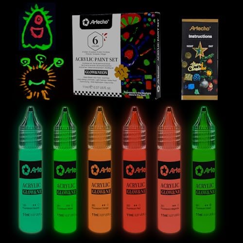 Artecho Glow in the Dark Acrylic Paint Set, 6 Colors x 11ml (0.37oz) | Non-Toxic Waterproof Art Supplies for Canvas Rock Wood Fabric – Rich Pigment Craft Paint for Adults & Hobbyists
