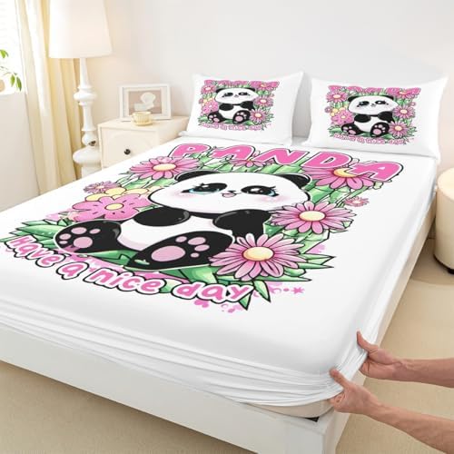 Manfei Cute Panda Flowers Sheet Set Lovable Animal Pink Theme Bedding Set Lively Green Leaves Bed Sheets Teens Room Decor White Pink (Full Flat & Fitted Sheet with 2 Pillow Case)