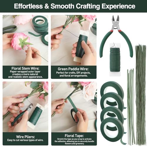 Floroom Floral Tape and Wire Kit with Cutter, 26 & 18 Gauge Stem Wire, 22 Gauge Paddle Wire, Flower Arrangement Tool Set for DIY Crafts, Bouquets, Florist Making & Supplies, Green
