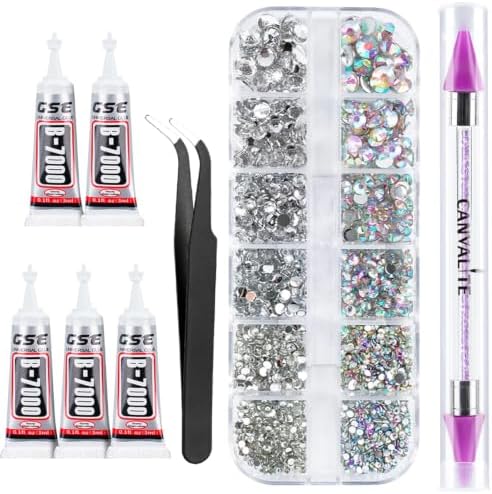 Canvalite 3348PCS Rhinestones Crystal AB Rhinestones for Nail with 5Pcs 3ml B7000 Jewelry Glue and Pick Up Tweezers and Nail Rhinestone Picker, Nail Art Tools,Stocking Stuffers Gifts for Women