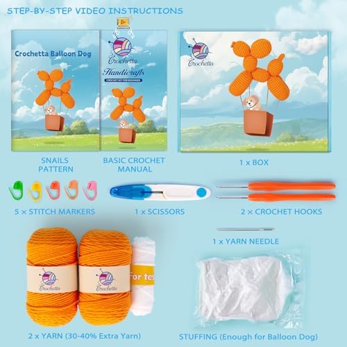 Crochetta Crochet Kit for Beginners, Crochet Kit w Step-by-Step Video Tutorials, Crochet Starter Kit Learn to Crochet Kits for Adults Kids Beginners, Vibrant Orange Balloon Dog (40%+ Yarn Content)