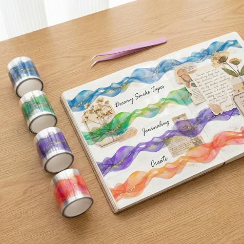 4 Rolls Aesthetic PET Tape for Journaling with Tweezers Dreamy Ribbon Scrapbooking Washi Tape Set Stickers Waterproof Transparent Sparkling Foil DIY Planner Crafts