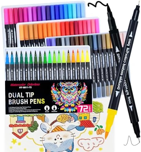 72 Colors Dual Markers Brush Pens,0.4MM Fine Point Art Marker, Double Tip Coloring Brush Pens Paint Marker for Adult Hand Lettering, Drawing,Doodling,Painting
